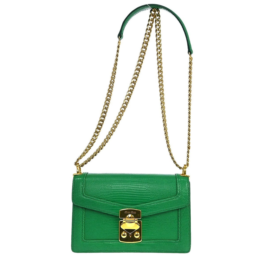 Miu Miu Small Green Leather Vintage Crossbody with Top Handle: Miu Miu Small Green Leather Vintage Crossbody with Top Handle This small Miu Miu crossbody bag features a green leather exterior with a matching green lining. Designed with a top handle and a crossbod