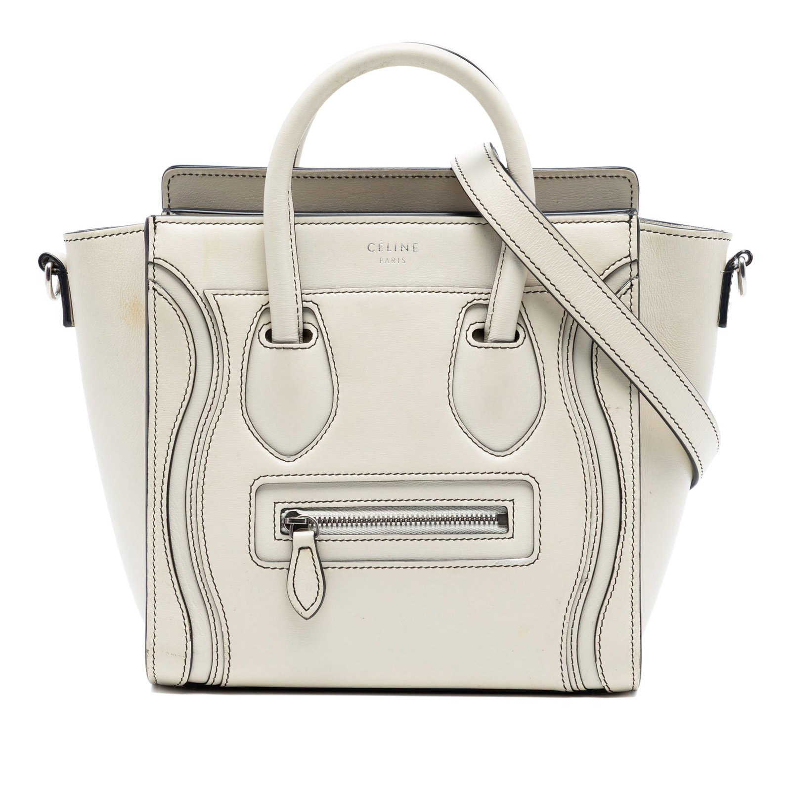 Celine Nano Luggage Tote White Leather Crossbody Handbag: Celine Nano Luggage Tote White Leather Crossbody Handbag This Celine Nano Leather Luggage Tote showcases a structured design crafted from leather with rolled leather handles and a detachable flat stra