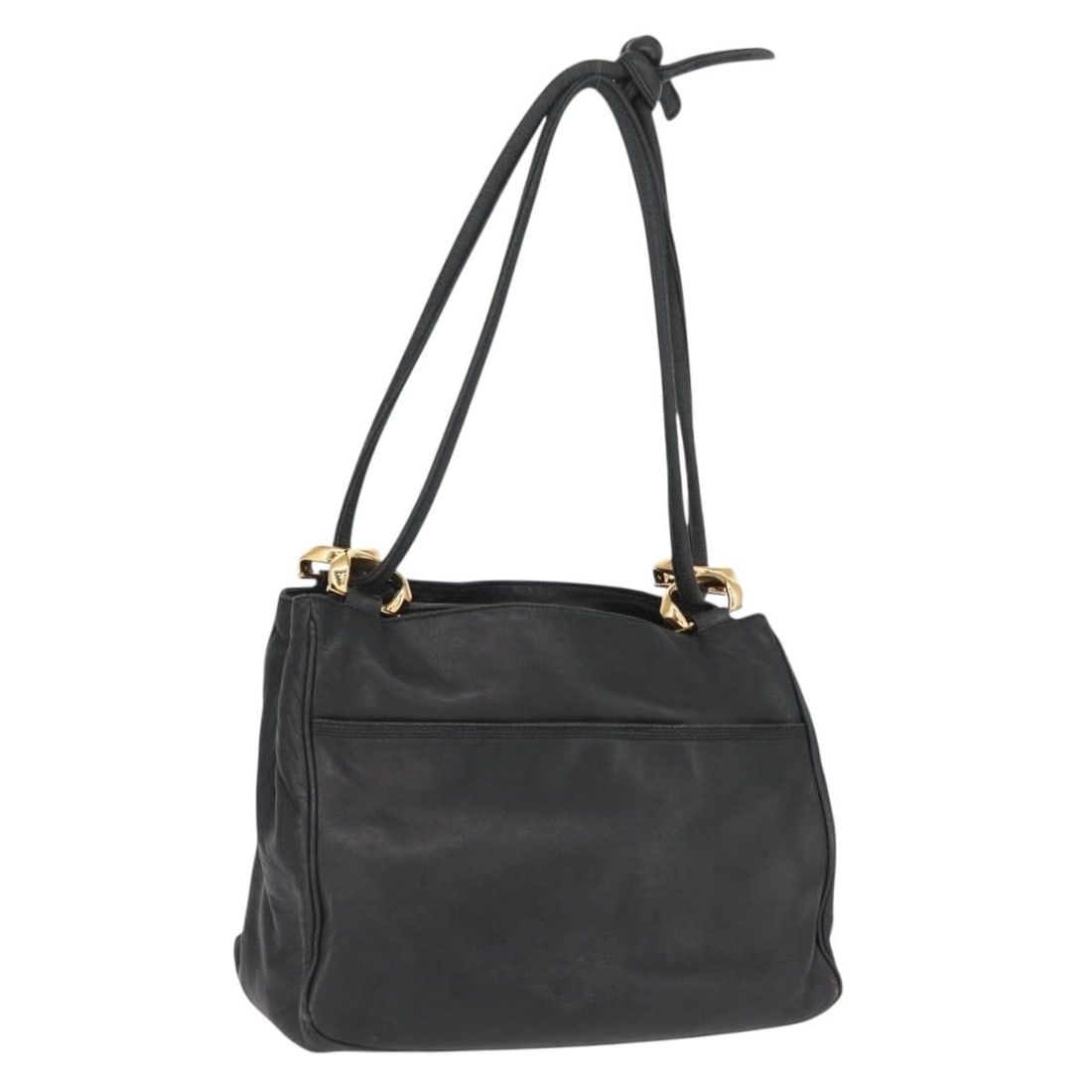 Black and Gold Leather Shoulder Bag by Loewe: Black and Gold Leather Shoulder Bag by Loewe This LOEWE shoulder bag features black and gold leather with a structured silhouette. Designed for shoulder carry, it offers a practical strap drop and amp