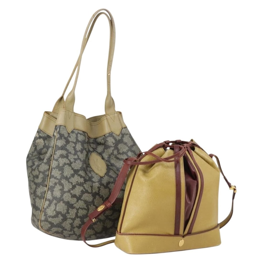 Cartier Leather Shoulder Bags Set of 2 in Beige and Brown: Cartier Leather Shoulder Bags Set of 2 in Beige and Brown This is a set of two authentic Cartier shoulder bags crafted from leather in beige and brown tones. Both bags show significant wear, including