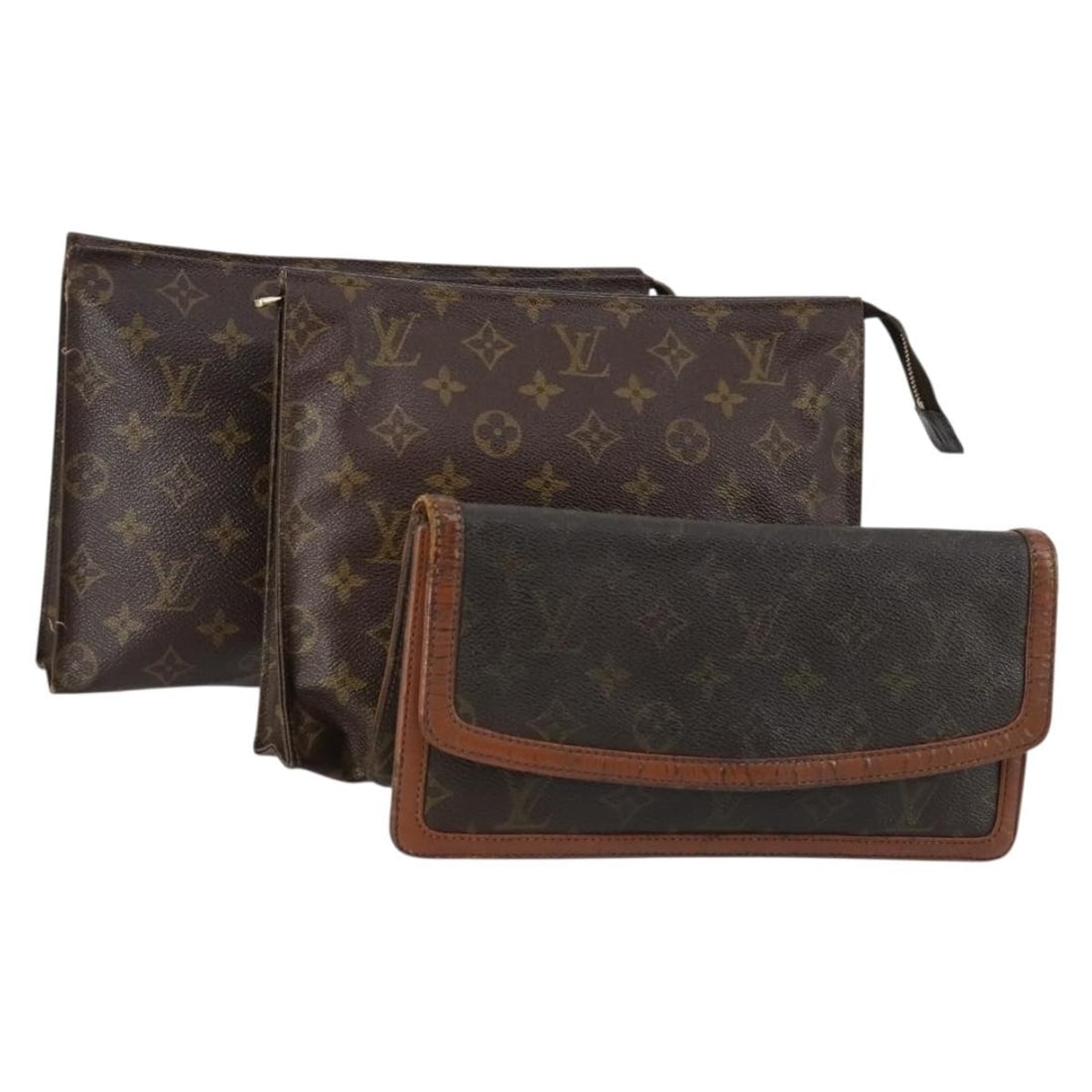 LOUIS VUITTON Monogram Clutch Bag 3 Piece Set with Auth: LOUIS VUITTON Monogram Clutch Bag 3 Piece Set with Auth This exquisite Louis Vuitton Monogram Clutch Bag set features a stylish design crafted from durable Monogram Canvas. Made in France, this set in