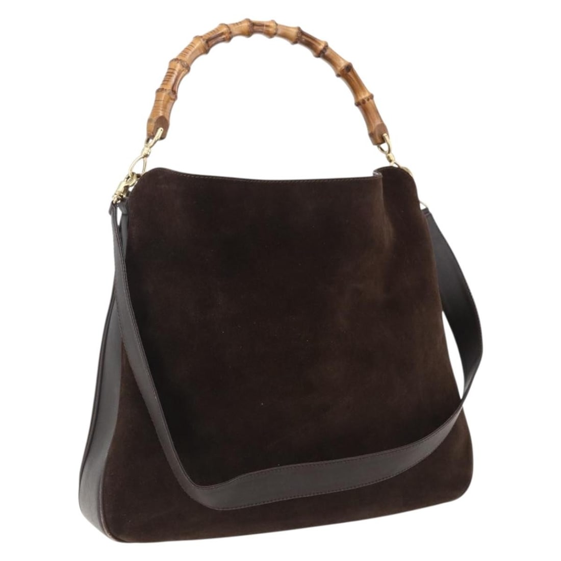 Gucci Bamboo suede brown gold handbag with shoulder strap 2way: Gucci Bamboo suede brown gold handbag with shoulder strap 2way This Gucci Bamboo handbag is crafted from brown and gold suede and offers versatile carrying options with both a top handle and a detacha