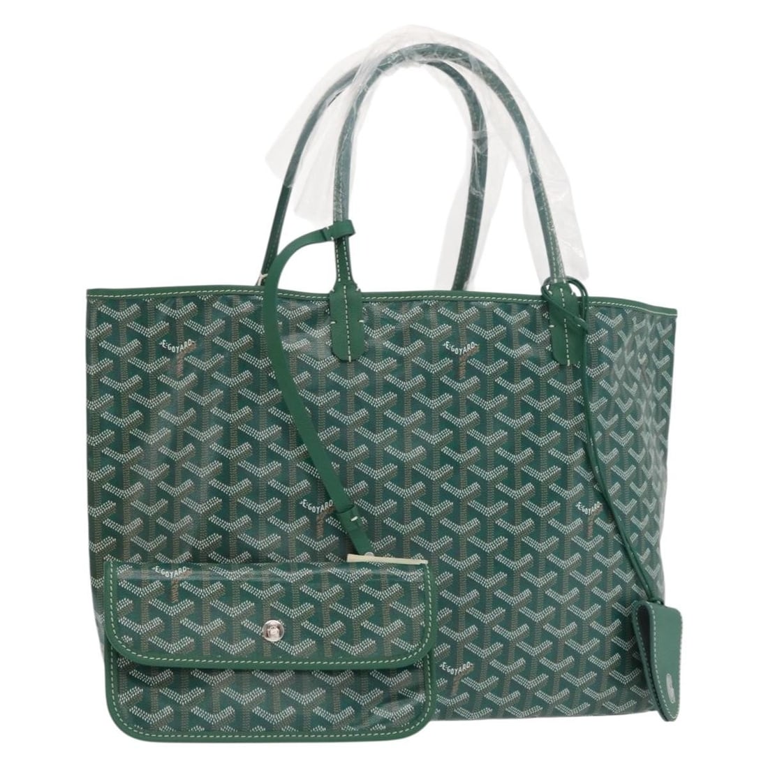 Green Goyard Saint Louis PM Tote PVC Leather Made in France: Green Goyard Saint Louis PM Tote PVC Leather Made in France This Goyard Saint Louis PM Tote Bag features a green PVC leather exterior with a herringbone pattern. Crafted in France, it offers a practic