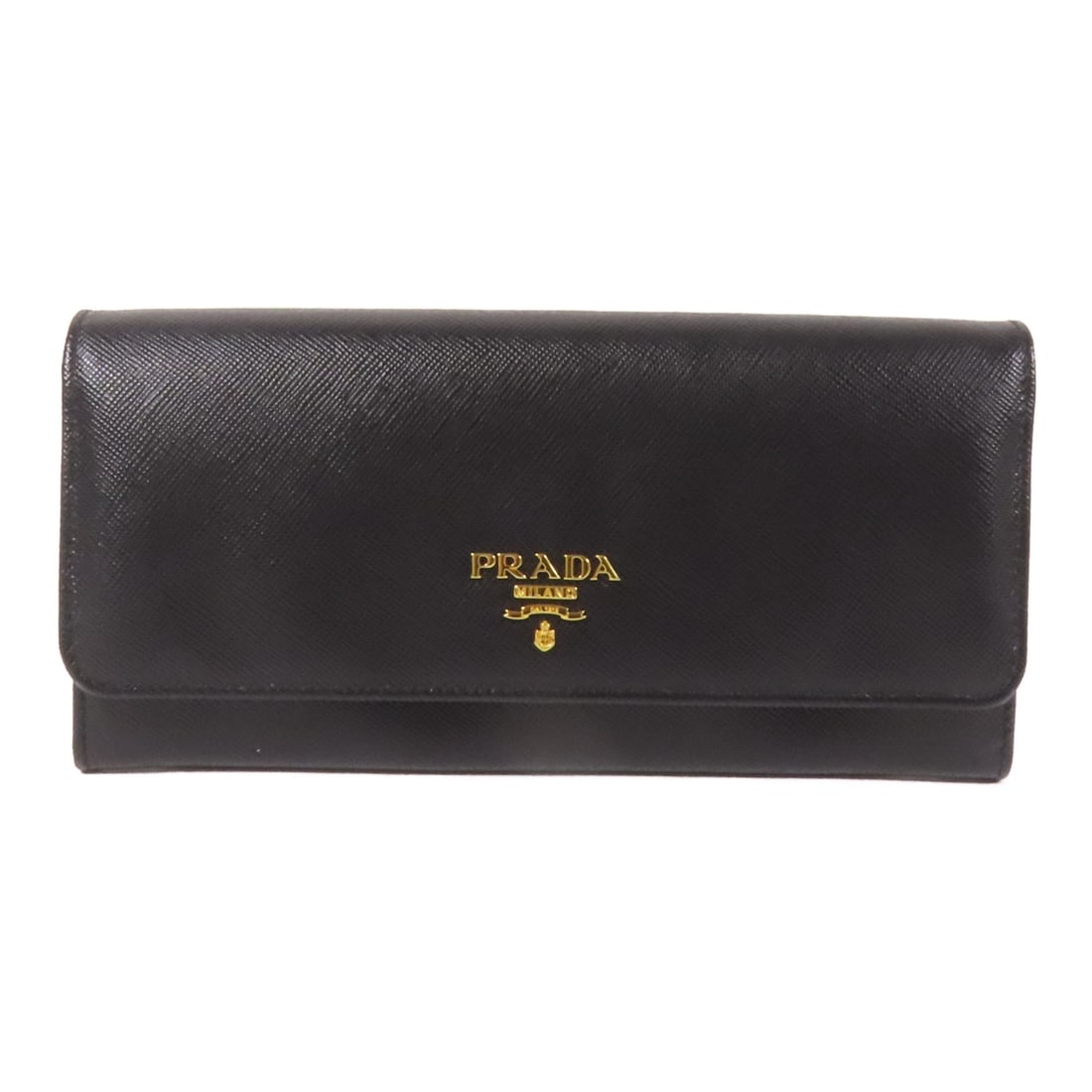 PRADA Saffiano Leather Bifold Wallet Black with Gold Hardware: PRADA Saffiano Leather Bifold Wallet Black with Gold Hardware This Prada long wallet for women features a classic bifold design crafted from black Saffiano leather. Made in Italy, the wallet showcases