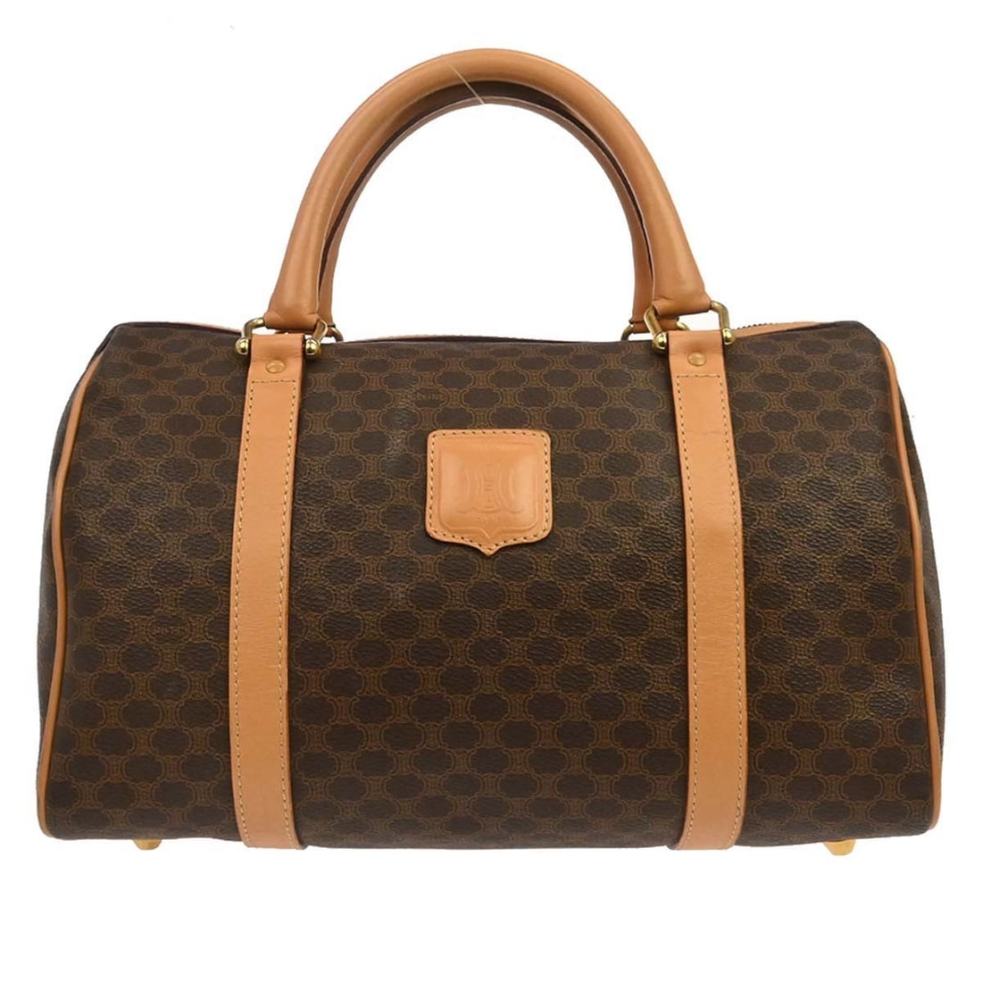 Celine Macadam Top Handle Brown PVC Leather Small Handbag: Celine Macadam Top Handle Brown PVC Leather Small Handbag This Celine Macadam top handle handbag features the iconic brown Macadam pattern and is crafted from durable PVC leather. Designed for casual 