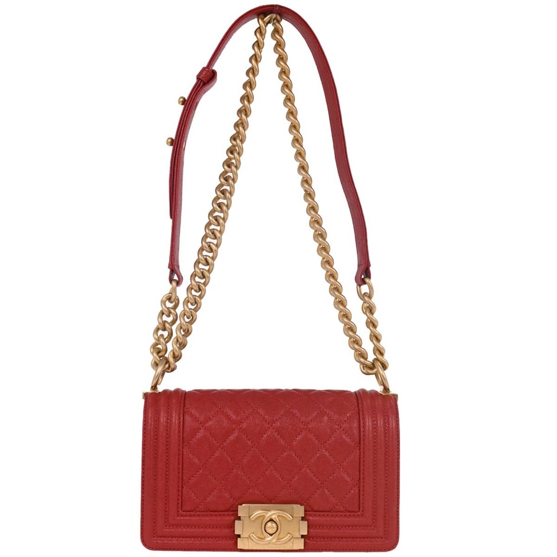 Chanel Boy Red Calfskin Small Chain Shoulder Bag: Chanel Boy Red Calfskin Small Chain Shoulder Bag Elevate your style with the Boy Chanel Small Chain Shoulder Bag, crafted from luxurious red calfskin leather. This mini shoulder bag features a classic