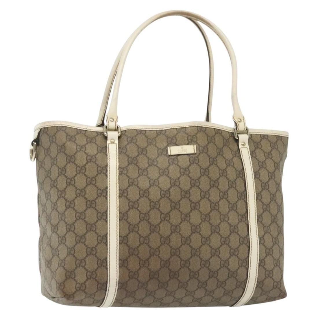 GUCCI GG Supreme Beige Gold Tote Bag PVC 197953 Authentic: GUCCI GG Supreme Beige Gold Tote Bag PVC 197953 Authentic This exquisite GUCCI GG Supreme Tote Bag showcases a stylish blend of PVC leather and GG canvas in a chic beige and gold color palette. Origin