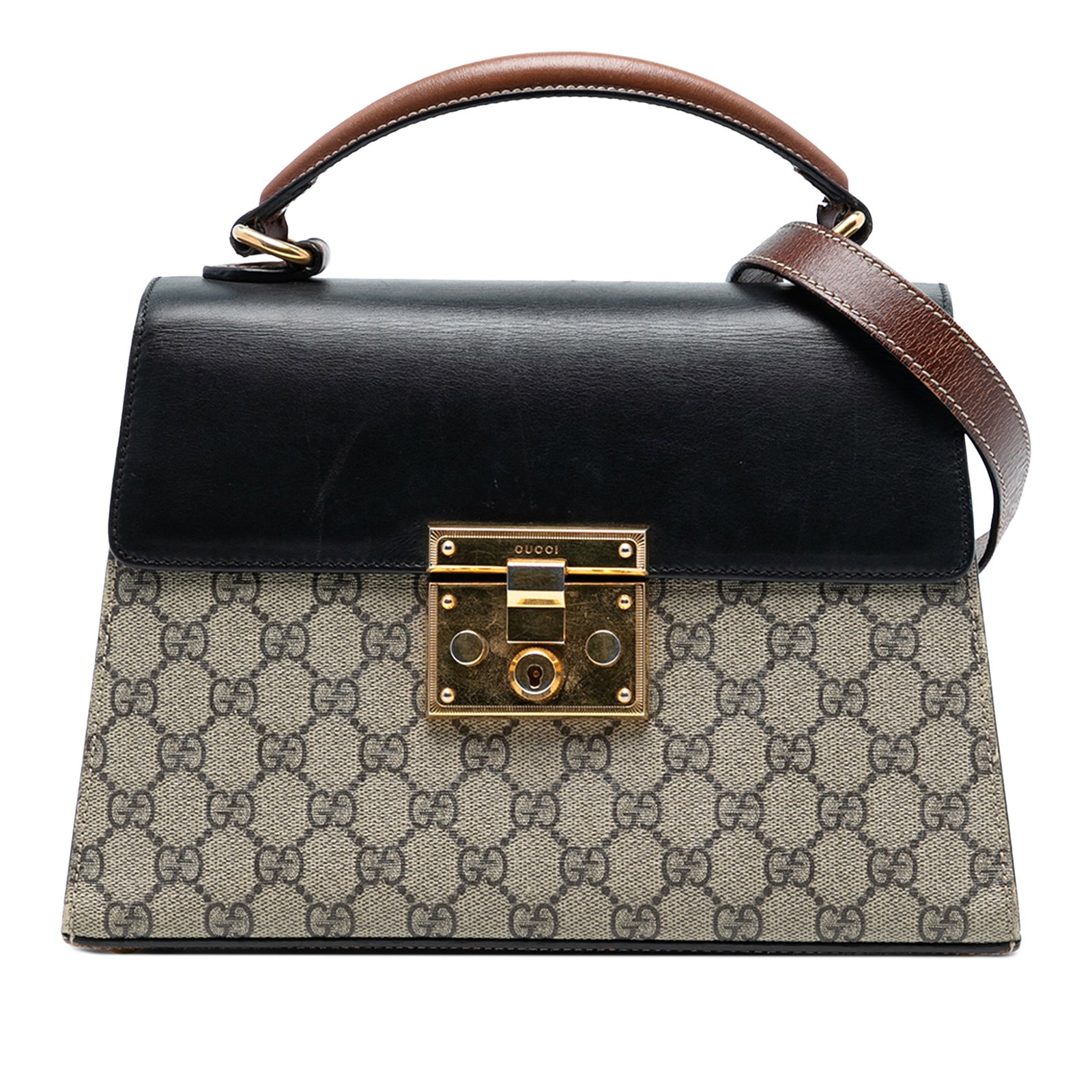 Small Padlock Satchel in GG Supreme Canvas with Leather Trim by Gucci: Small Padlock Satchel in GG Supreme Canvas with Leather Trim by Gucci This Gucci Small GG Supreme Padlock Satchel features a coated canvas body with leather trim, a flat leather top handle, a detachab