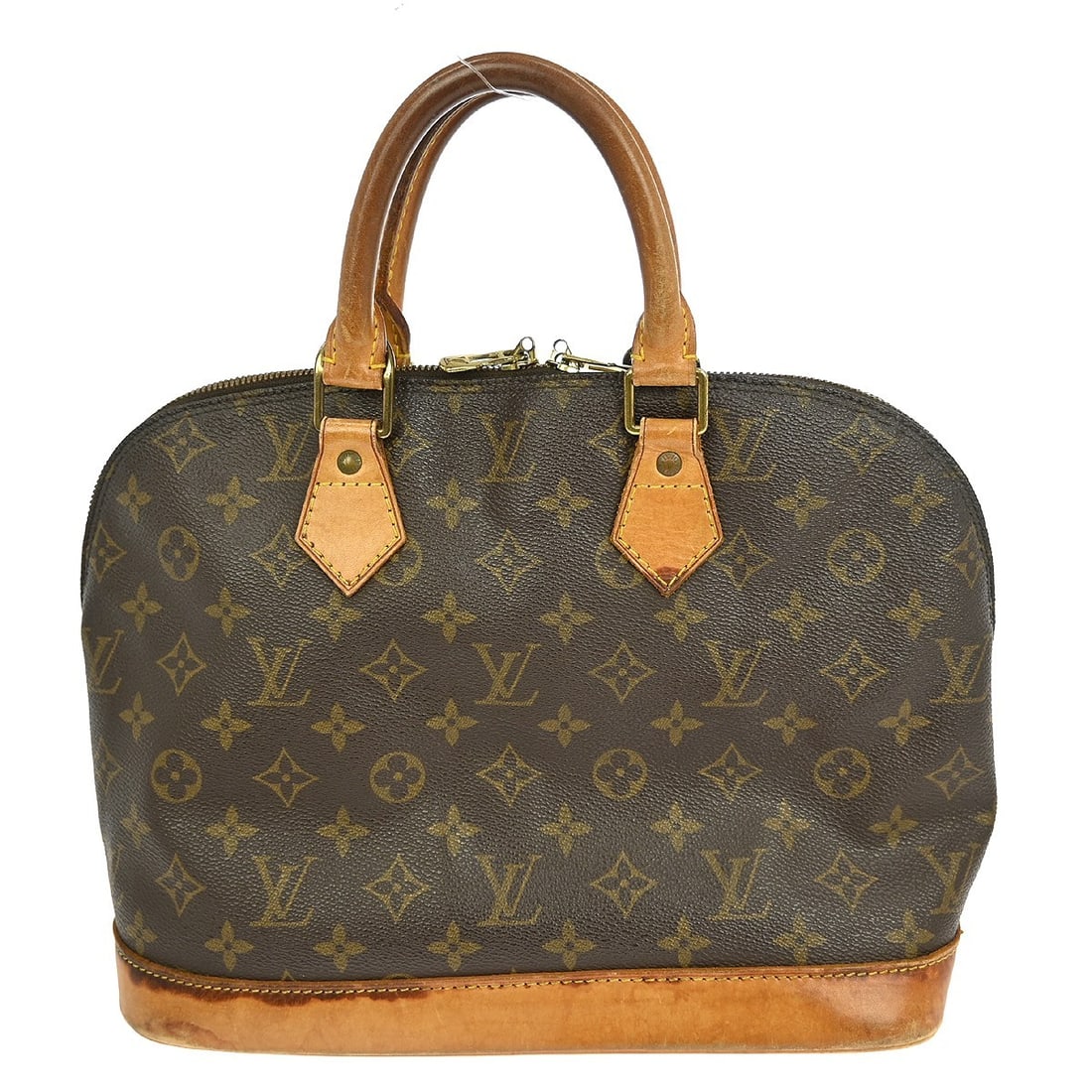 Louis Vuitton Alma Monogram Canvas M51130 Medium Vintage Brown Handbag: Louis Vuitton Alma Monogram Canvas M51130 Medium Vintage Brown Handbag This Louis Vuitton Alma handbag features the iconic Monogram canvas with beige double handles and a zip closure. It is a medium-s