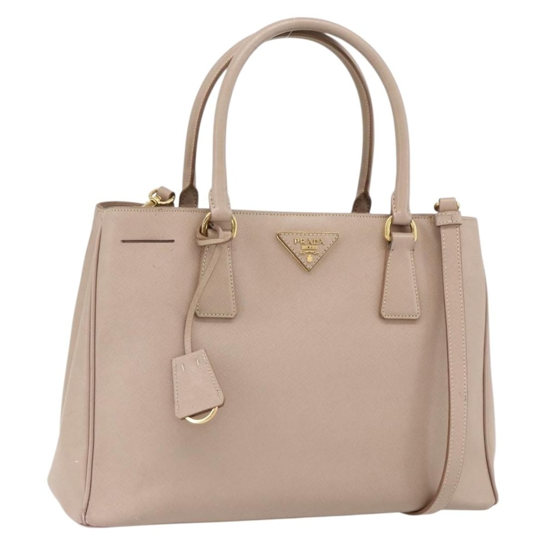 Prada Saffiano Pink Gold 2way Handbag with Strap: Prada Saffiano Pink Gold 2way Handbag with Strap This PRADA Galleria handbag is crafted from Saffiano leather in a pink and gold color scheme. Designed as a versatile 2-way bag, it features both handl