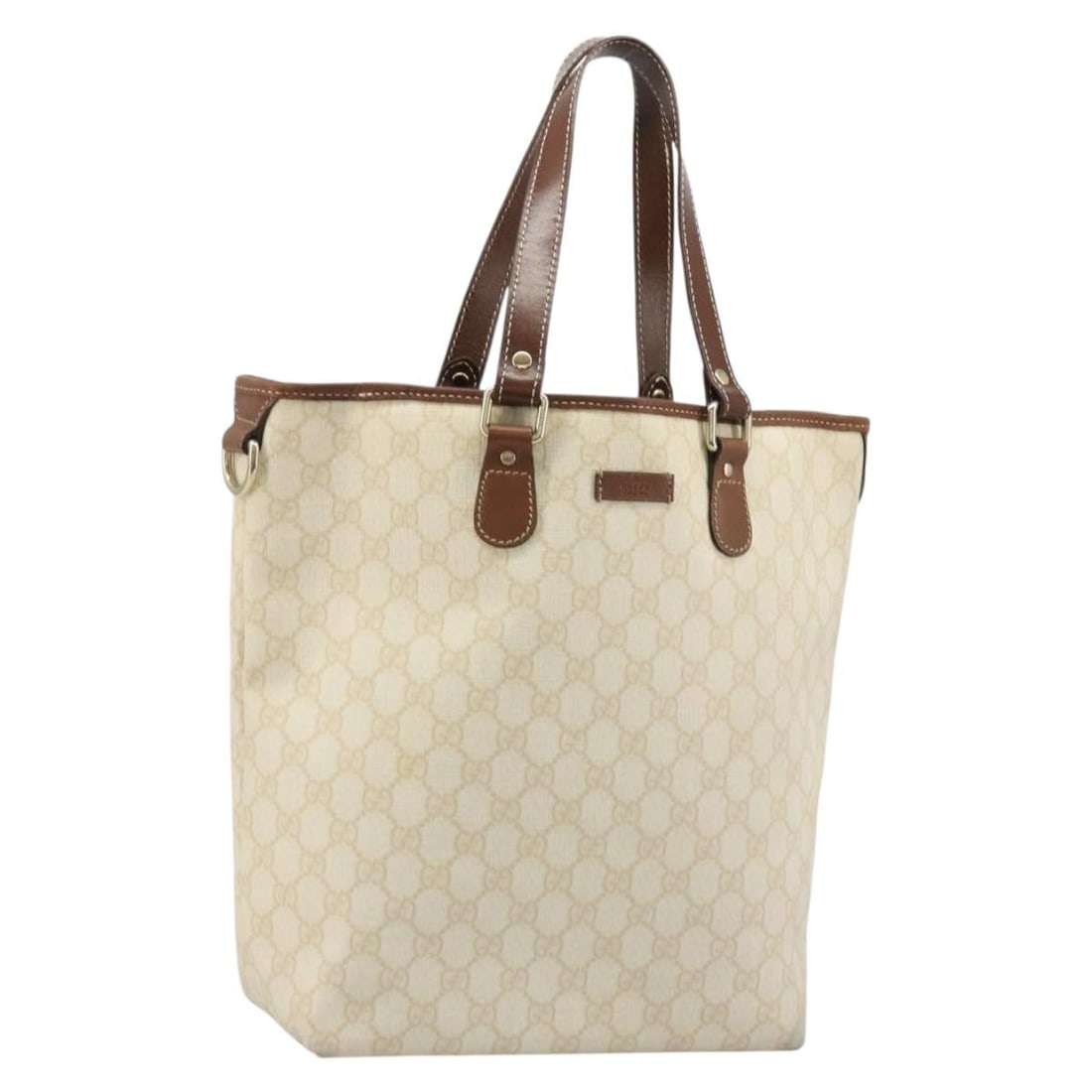 Ivory Gold GG Supreme Tote by Gucci PVC Leather Model 189896: Ivory Gold GG Supreme Tote by Gucci PVC Leather Model 189896 This is a Gucci GG Supreme tote bag crafted from ivory and gold PVC leather with GG canvas accents. Designed for women, this tote features 