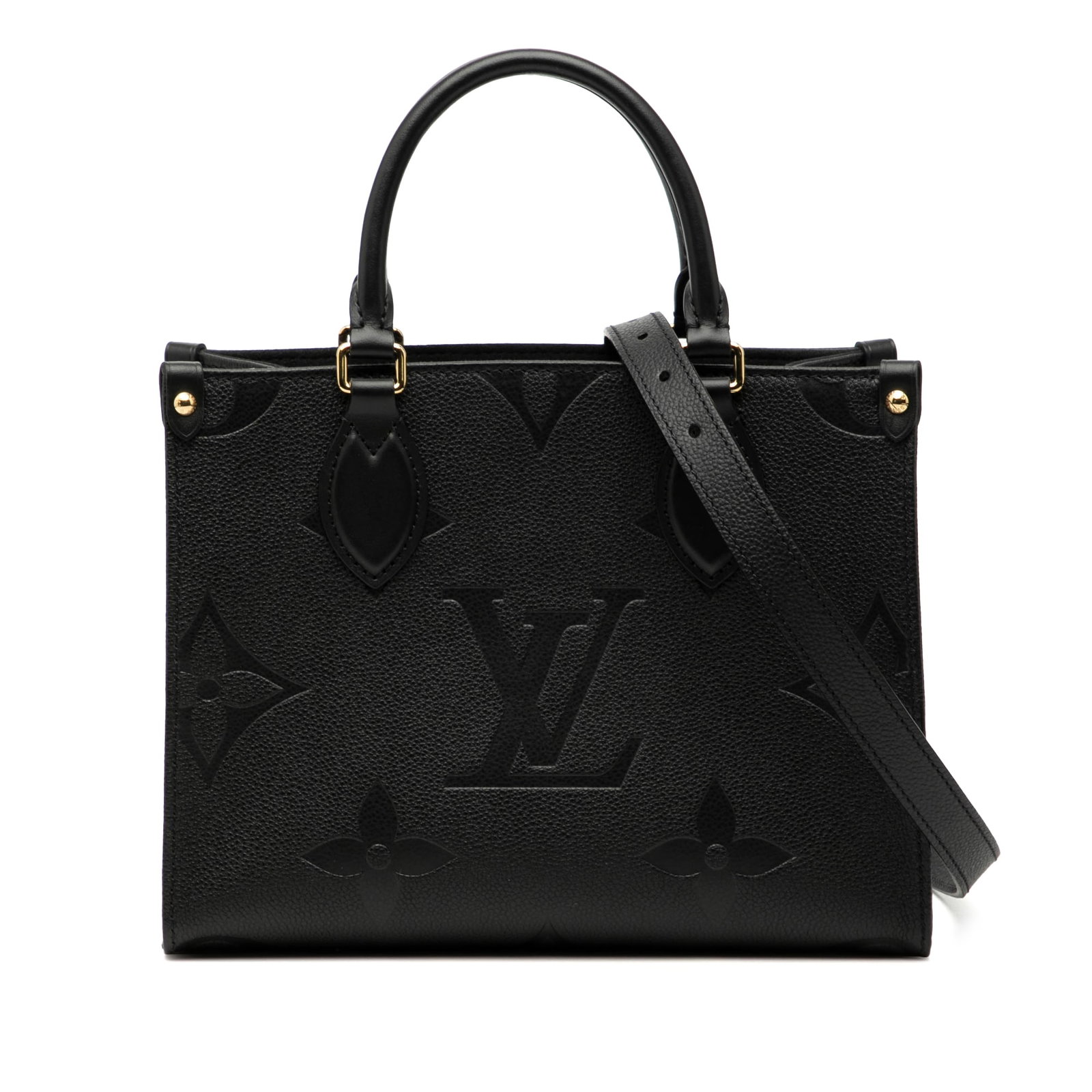 Louis Vuitton Onthego PM Black Monogram Empreinte Leather Tote Bag: Louis Vuitton Onthego PM Black Monogram Empreinte Leather Tote Bag This Louis Vuitton Monogram Empreinte Onthego PM features a black leather monogram empreinte body with rolled handles, flat shoulder 