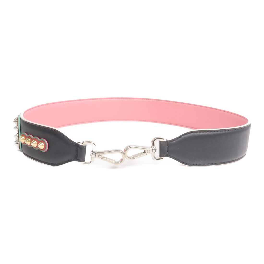 Fendi Black and Pink Calfskin Leather Shoulder Strap with Silver Hardware: Fendi Black and Pink Calfskin Leather Shoulder Strap with Silver Hardware This FENDI shoulder strap is crafted from calfskin leather in a stylish black and pink color combination. Designed for unisex 