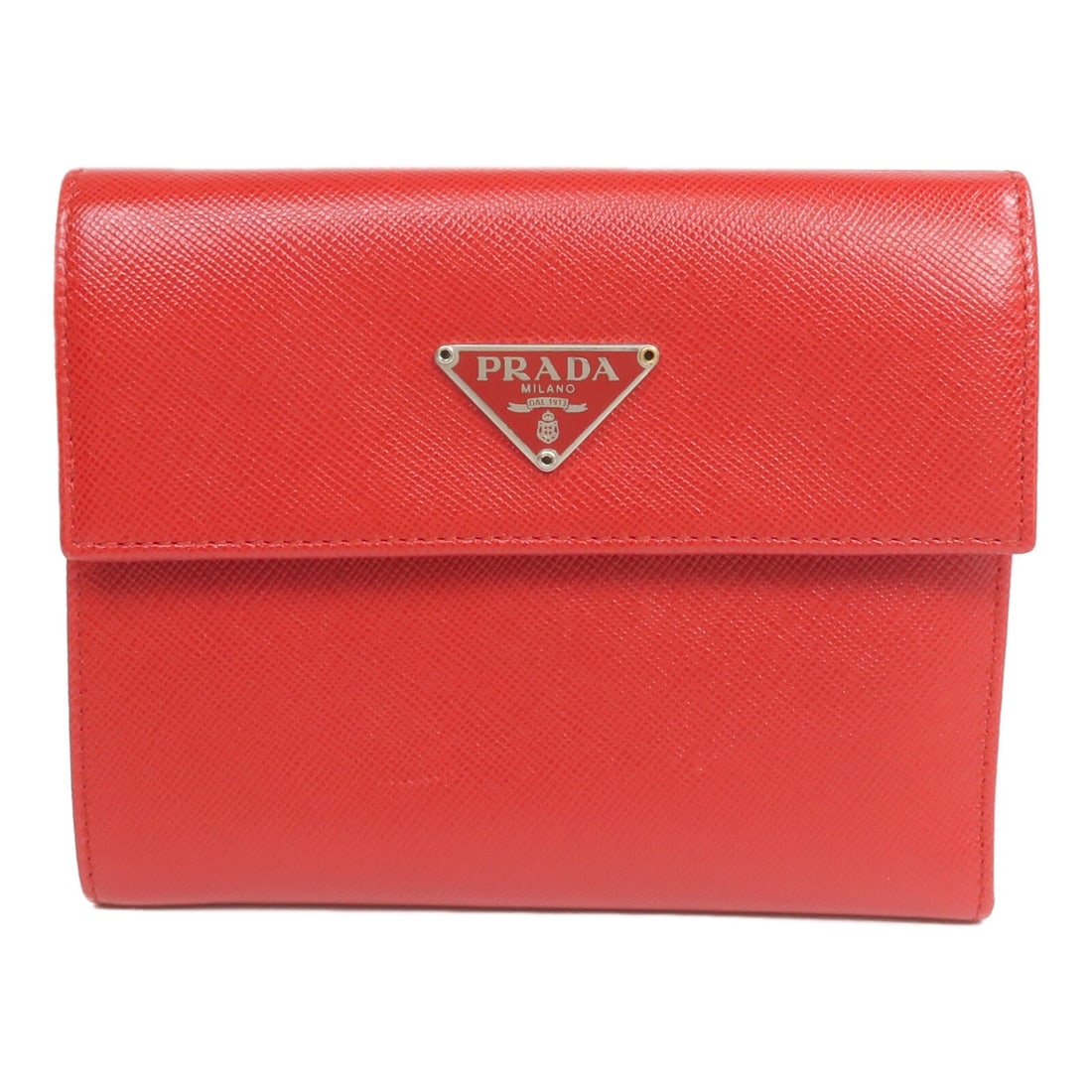 Prada red calfskin tri-fold wallet: Prada red calfskin tri-fold wallet This Prada tri-fold wallet is crafted from high-quality red calfskin leather, offering both durability and elegance. Designed for women, it features a sleek and prac