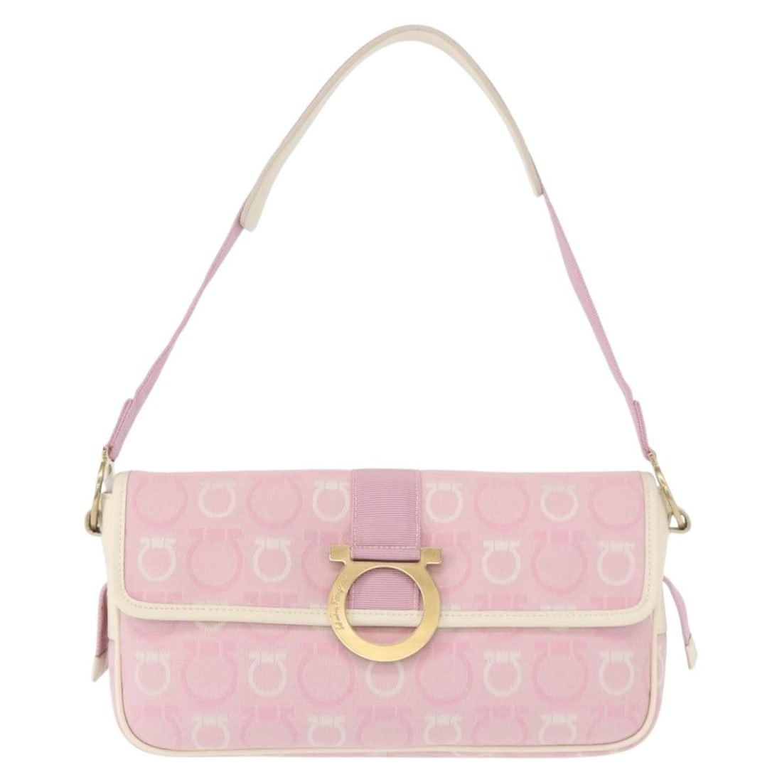 Pink Canvas Gancini Shoulder Bag by Salvatore Ferragamo: Pink Canvas Gancini Shoulder Bag by Salvatore Ferragamo This Salvatore Ferragamo Gancini shoulder bag is crafted from pink canvas and designed for women. It features a spacious interior and showcases 