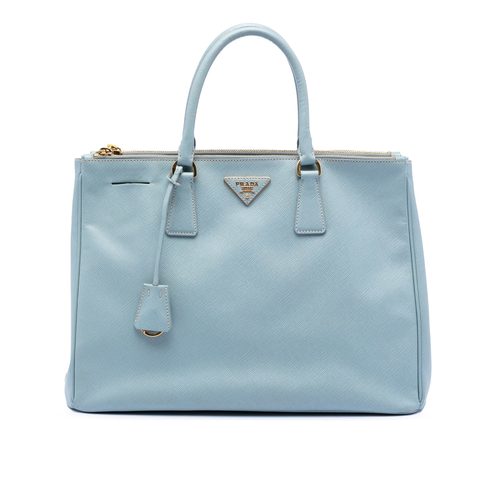 Prada Galleria Saffiano Leather Double Zip Large Blue Satchel Bag: Prada Galleria Saffiano Leather Double Zip Large Blue Satchel Bag This Prada Large Saffiano Lux Galleria Double Zip Satchel features a saffiano leather body in blue, rolled leather handles, an open to