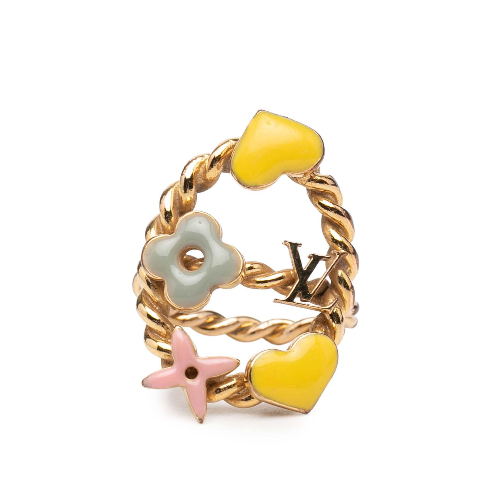 Louis Vuitton Sweet Monogram Gold Tone Enamel Ring Size 5: Louis Vuitton Sweet Monogram Gold Tone Enamel Ring Size 5 This Louis Vuitton Sweet Monogram ring features gold-tone hardware with enamel details, offering a distinct costume jewelry style. The ring is