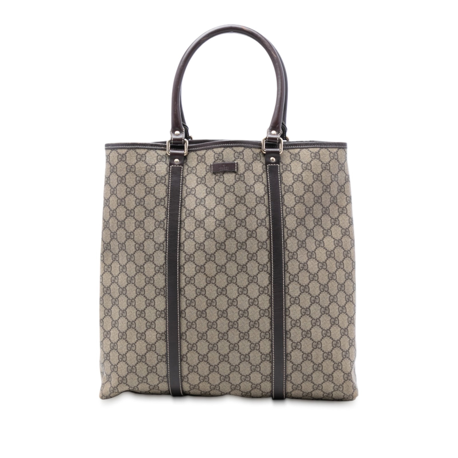 Gucci GG Supreme Joy Vertical Tote Brown Canvas Leather Handles: Gucci GG Supreme Joy Vertical Tote Brown Canvas Leather Handles This Gucci GG Supreme Joy Vertical Tote features a coated canvas body accented with leather trim and rolled leather handles. The bag is 