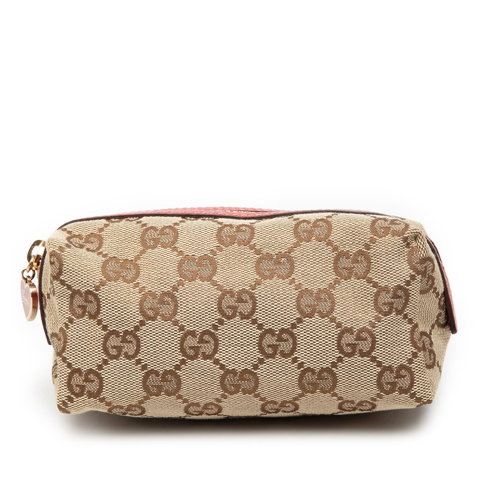 Beige GG Canvas Makeup Bag with Leather Trim by Gucci: Beige GG Canvas Makeup Bag with Leather Trim by Gucci This Gucci GG Canvas Cosmetic Pouch features a durable canvas body with leather trim and a top zip closure. The pouch comes in a beige color and i