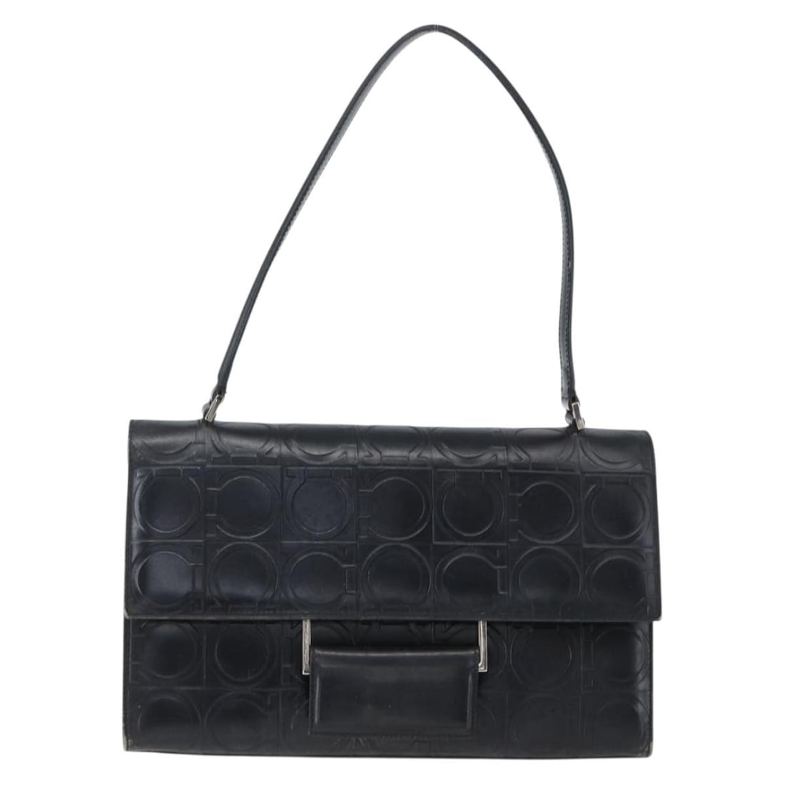 Salvatore Ferragamo Gancini Black Leather Handbag 28cm by 17cm by 7cm: Salvatore Ferragamo Gancini Black Leather Handbag 28cm by 17cm by 7cm This Salvatore Ferragamo Gancini handbag is crafted from black leather and designed for women. It features a compact silhouette wi