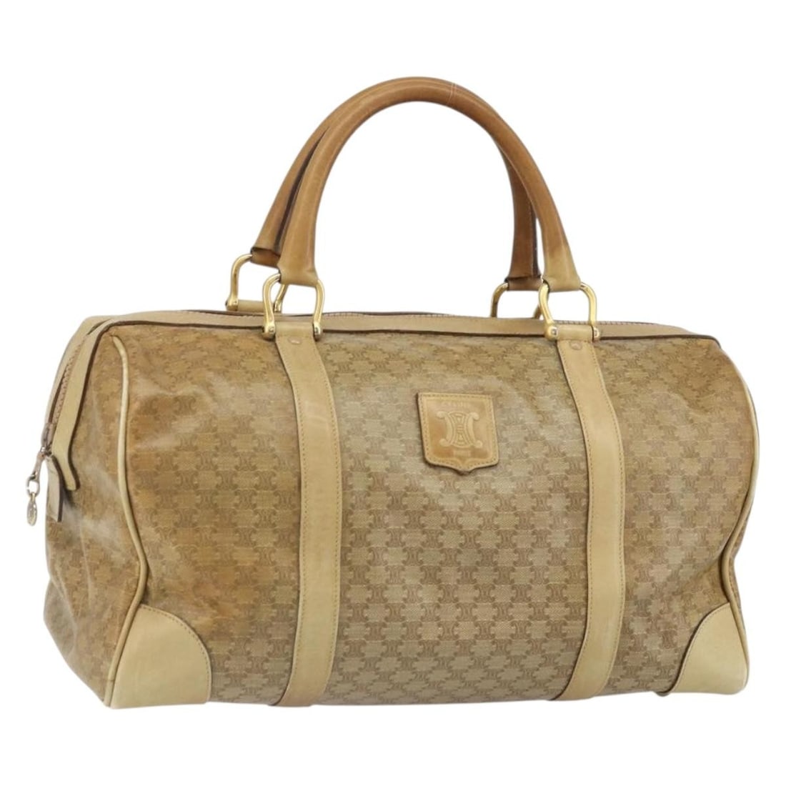 Celine Macadam PVC Boston Bag Beige Gold Women's Handbag Italy: Celine Macadam PVC Boston Bag Beige Gold Women's Handbag Italy This Celine Macadam Boston bag features a beige and gold PVC leather exterior with the signature Macadam canvas pattern. The bag is desig