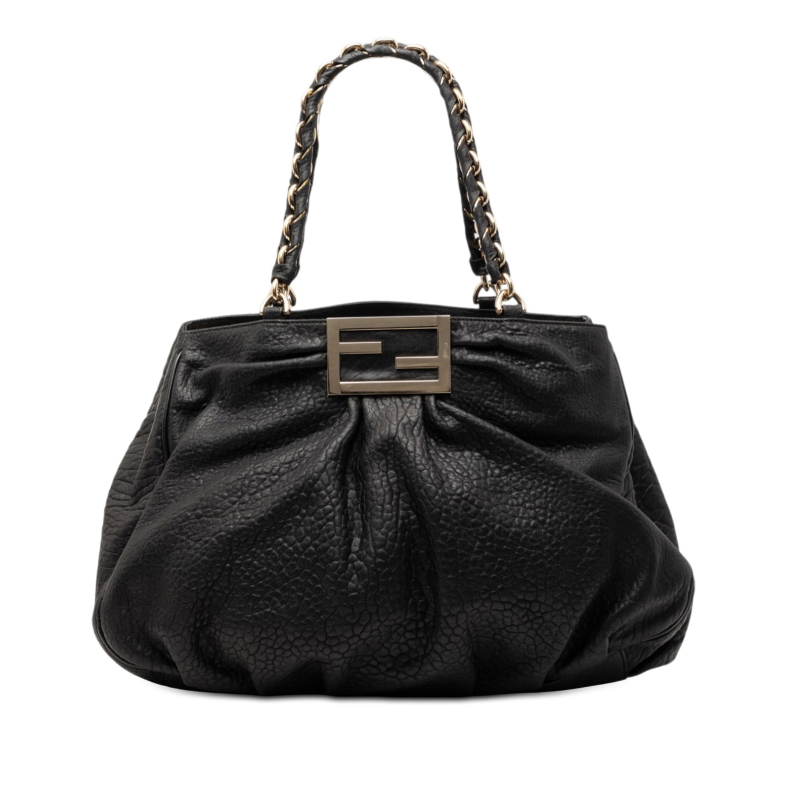 Fendi Mia Shoulder Tote in Large Black Pebbled Calfskin Leather: Fendi Mia Shoulder Tote in Large Black Pebbled Calfskin Leather The Fendi Large Pebbled Calfskin Mia Shoulder Bag features a black pebbled calfskin leather body, leather-woven chain straps, and an ope