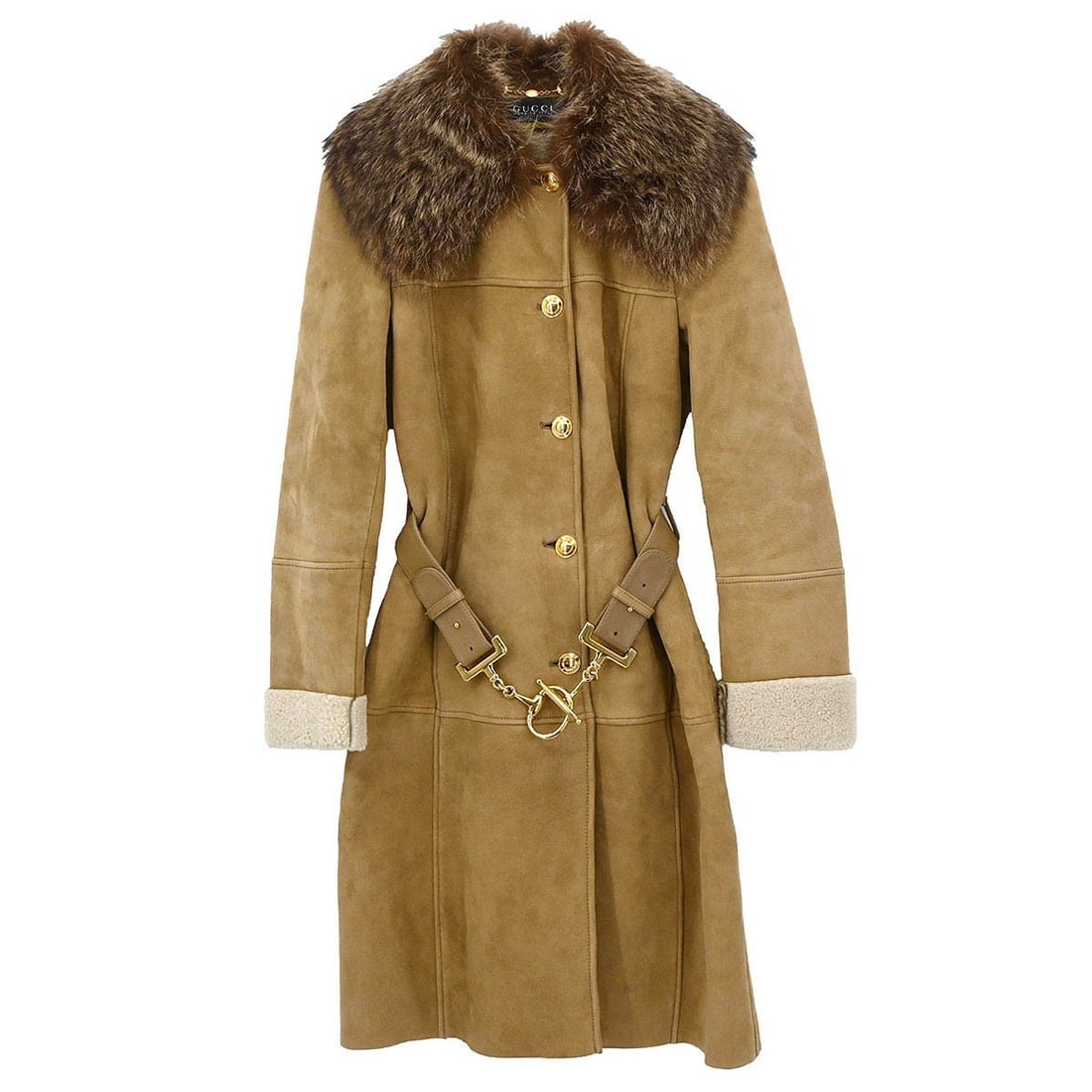 Brown Sheepskin Overcoat by Gucci IT 36 Long Buttoned Women's (1 of 18)