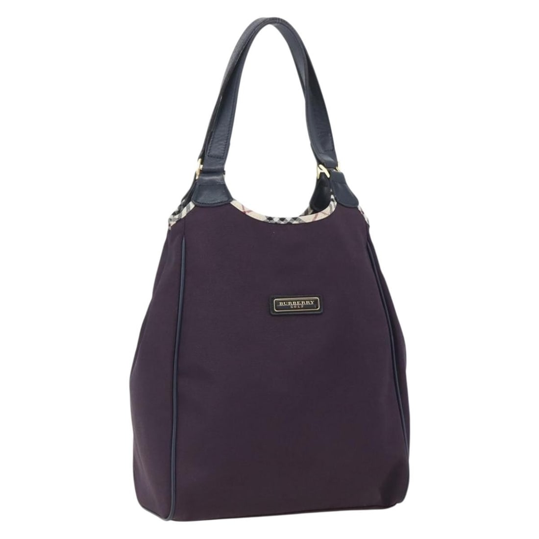 Purple Gold Nylon Tote with Nova Check Pattern by Burberry: Purple Gold Nylon Tote with Nova Check Pattern by Burberry This Burberry Nova Check tote bag features a stylish purple and gold color scheme crafted from durable nylon. The bag offers a spacious inter