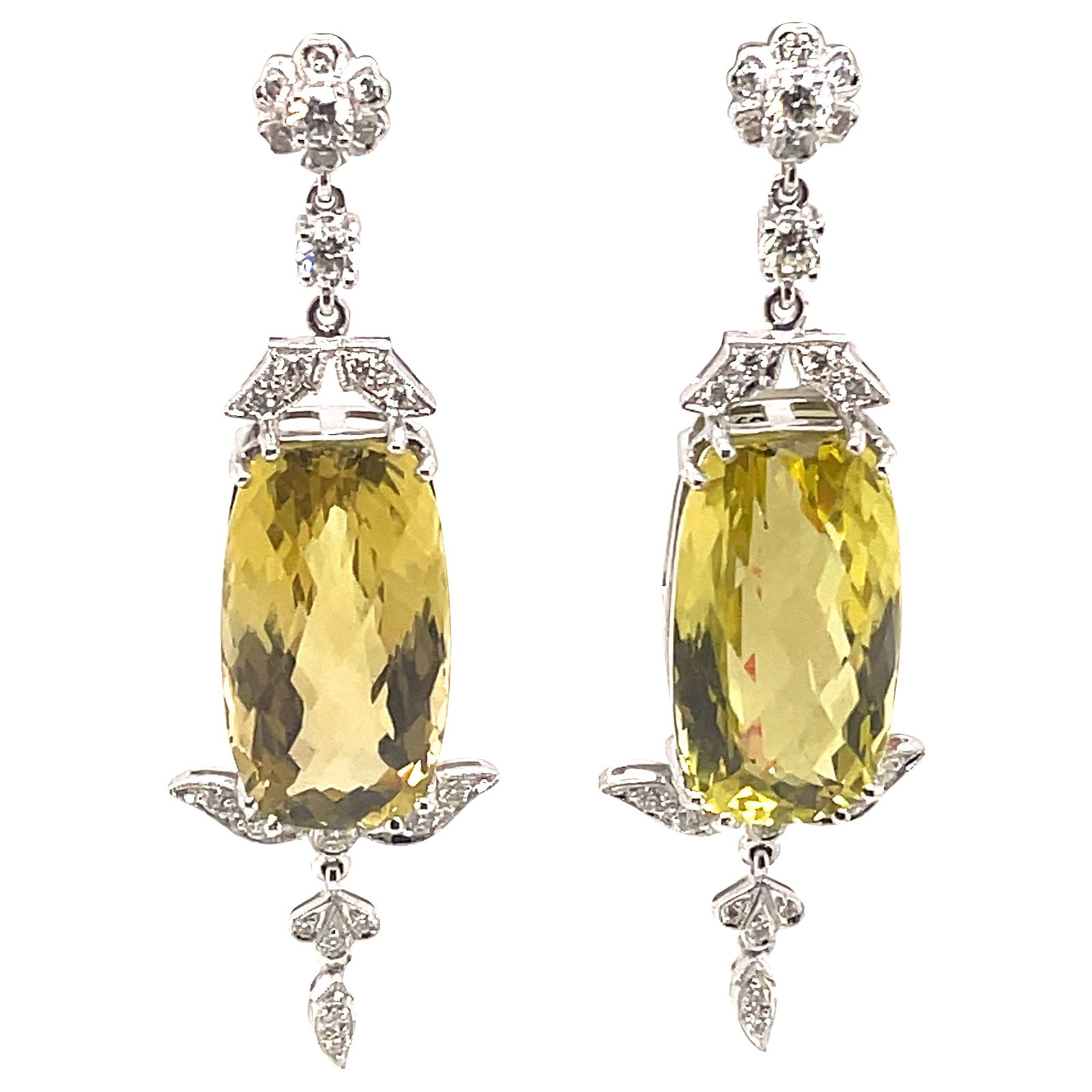 Stunning 34.18ct Lemon Quartz Diamond Earrings 18k White Gold: Stunning 34.18ct Lemon Quartz Diamond Earrings 18k White Gold Elevate your jewelry collection with these exquisite lemon quartz and diamond earrings, crafted in luxurious 18k white gold. Featuring two