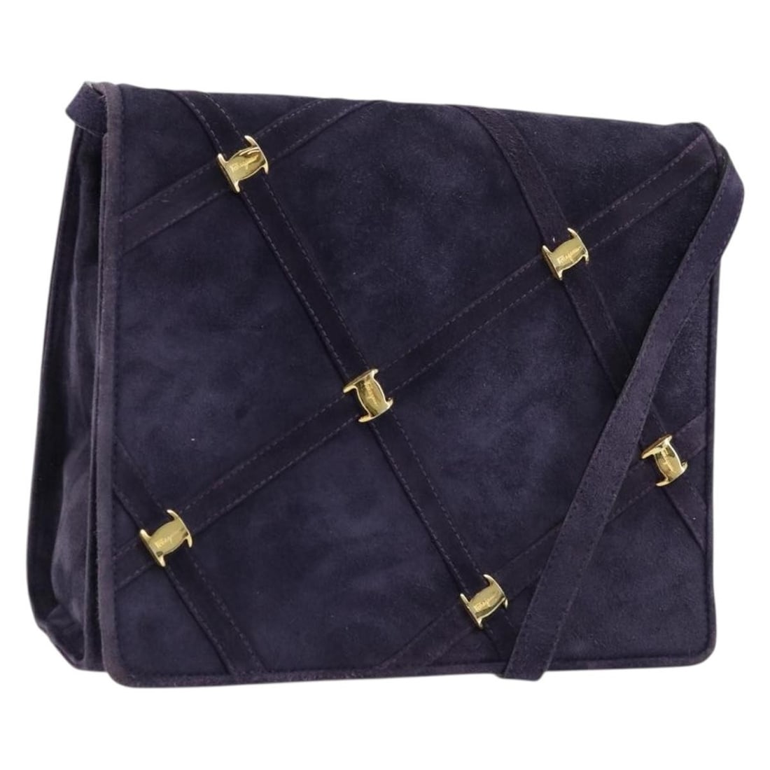 Salvatore Ferragamo Vala Purple Gold Suede Shoulder Bag: Salvatore Ferragamo Vala Purple Gold Suede Shoulder Bag This Salvatore Ferragamo Vala shoulder bag features a luxurious purple suede exterior with gold-tone accents. Designed for women, the bag is cra