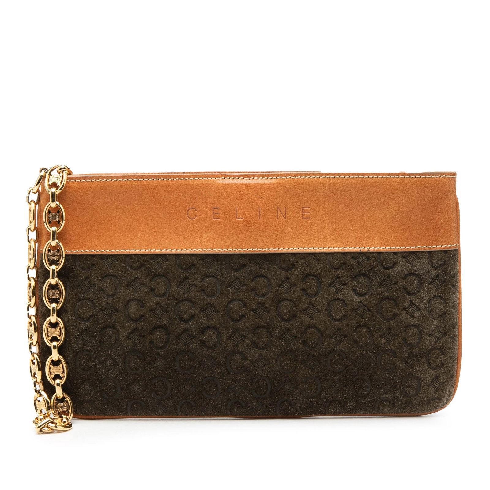Celine C Macadam Brown Suede Leather Chain Strap Clutch Bag: Celine C Macadam Brown Suede Leather Chain Strap Clutch Bag This Celine C Macadam clutch features a brown suede leather body with leather trim, a chain link strap, top zip closure, and an interior zip