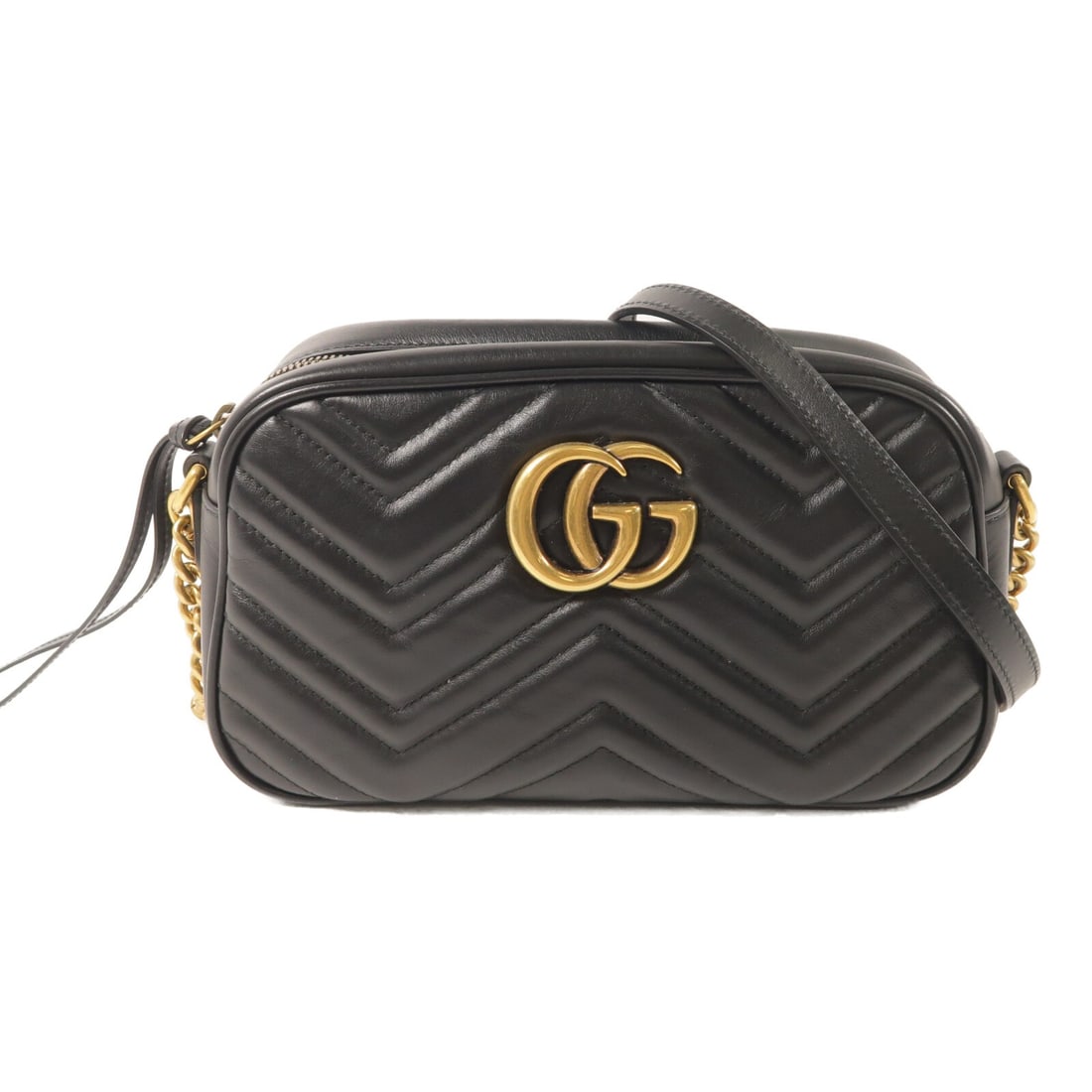 Gucci Marmont Black Calfskin Shoulder Bag GHW: Gucci Marmont Black Calfskin Shoulder Bag GHW This Gucci GG Marmont shoulder bag is crafted from black calfskin leather and features gold-tone hardware. Designed in a compact silhouette, it offers a s