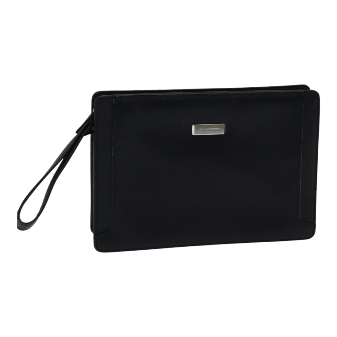 Black Leather Burberry Women's Clutch with Silver Accents: Black Leather Burberry Women's Clutch with Silver Accents This BURBERRY clutch bag features a sleek black and silver leather exterior, designed for women. The bag is crafted in Italy and showcases a c