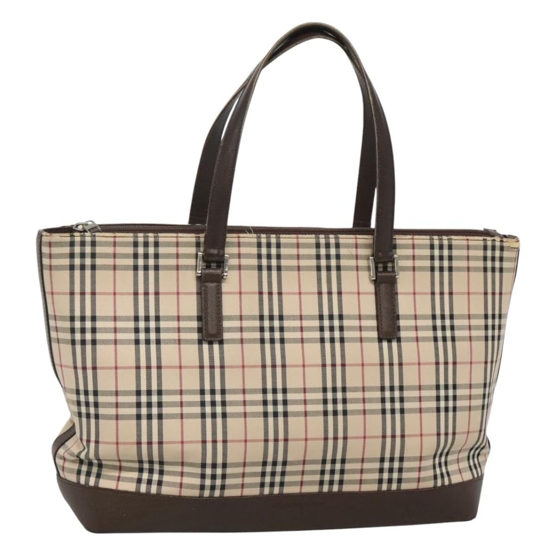 Burberry Tote in Canvas Beige Silver Nova Check Pattern: Burberry Tote in Canvas Beige Silver Nova Check Pattern This Burberry Nova Check tote bag features a beige and silver canvas exterior with the iconic check pattern. Designed for women, this tote offer