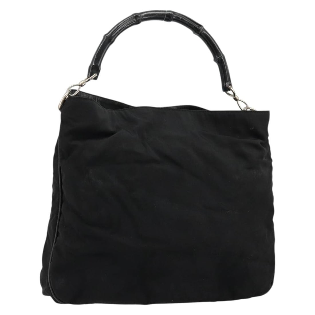 Gucci Bamboo nylon black silver shoulder bag 001 1577 Italy: Gucci Bamboo nylon black silver shoulder bag 001 1577 Italy This GUCCI Bamboo shoulder bag features a black and silver nylon exterior with bamboo detailing. Designed for women, it offers a spacious in