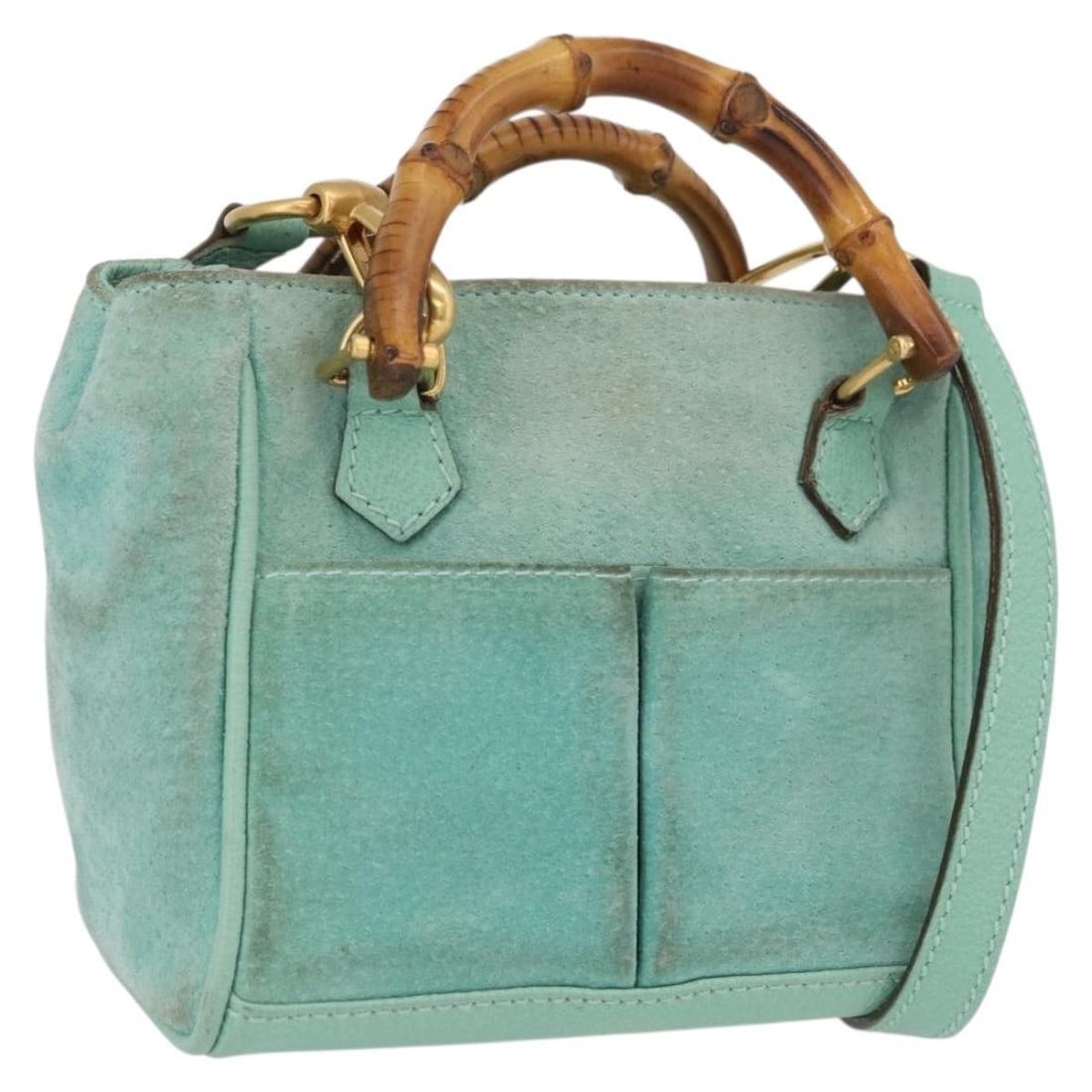 Gucci Bamboo Turquoise Suede Two Way Handbag with Gold Accents and Strap: Gucci Bamboo Turquoise Suede Two Way Handbag with Gold Accents and Strap This GUCCI Bamboo 2-way hand bag is crafted from turquoise blue suede with gold-tone accents. Designed for women, it features a