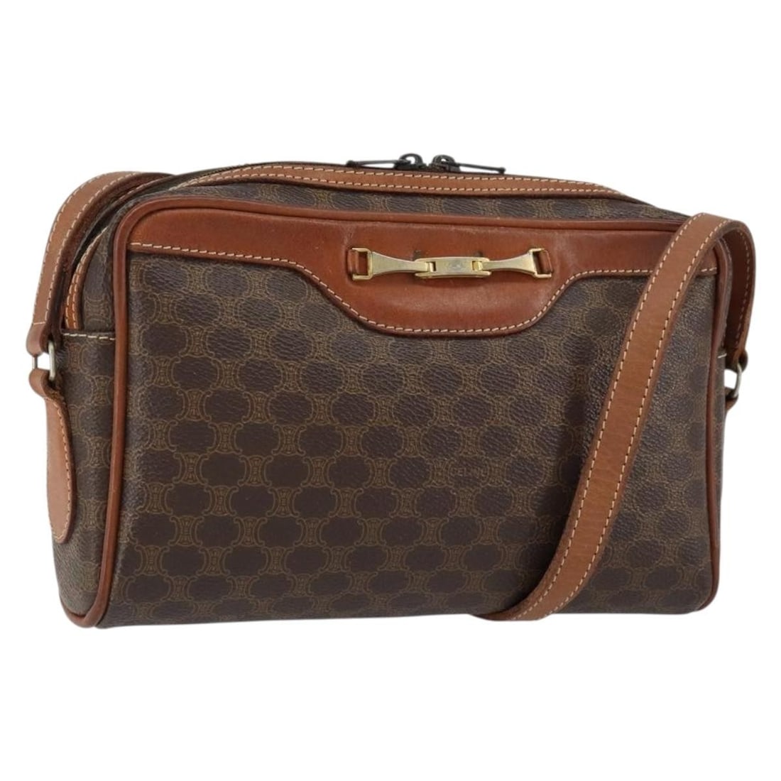 CELINE Macadam Canvas Shoulder Bag Brown Gold PVC Leather Italy: CELINE Macadam Canvas Shoulder Bag Brown Gold PVC Leather Italy This authentic CELINE Macadam Canvas Shoulder Bag combines style and functionality. Crafted from durable PVC leather with a sophisticate
