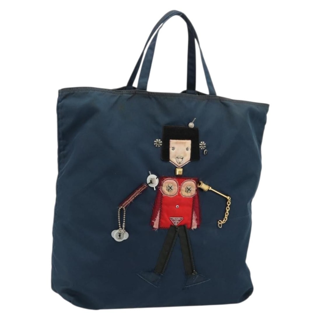 Prada Navy Nylon Robot Tote Italy 13.8 inch: Prada Navy Nylon Robot Tote Italy 13.8 inch This PRADA tote bag is crafted from navy nylon and designed for women. Made in Italy, it features a spacious interior and a practical silhouette. The bag sh