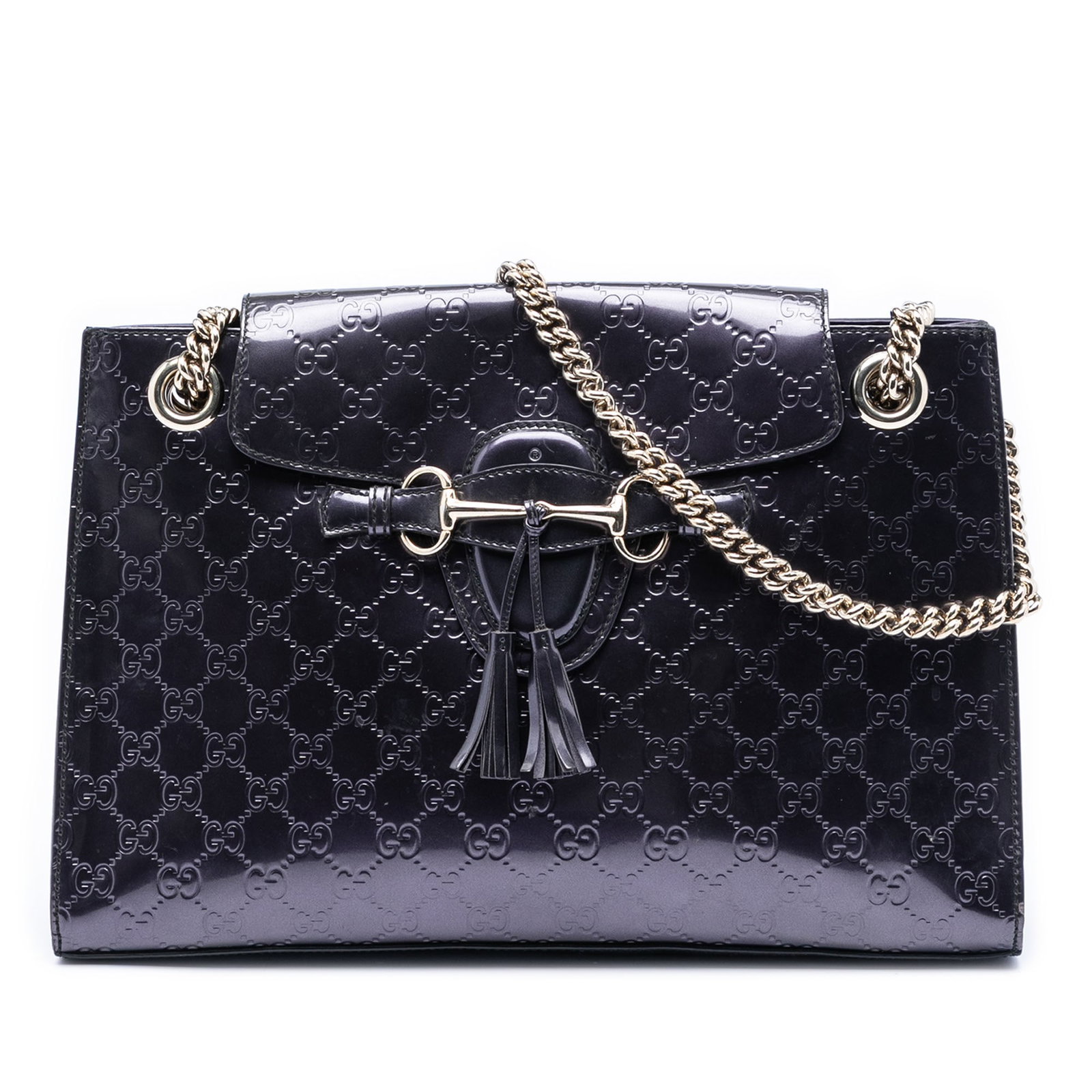 Gucci Emily Shoulder Bag Purple Patent Leather with Silver Chain Strap: Gucci Emily Shoulder Bag Purple Patent Leather with Silver Chain Strap This Gucci Emily shoulder bag features a large purple patent leather exterior with the signature Guccissima pattern. It is accent