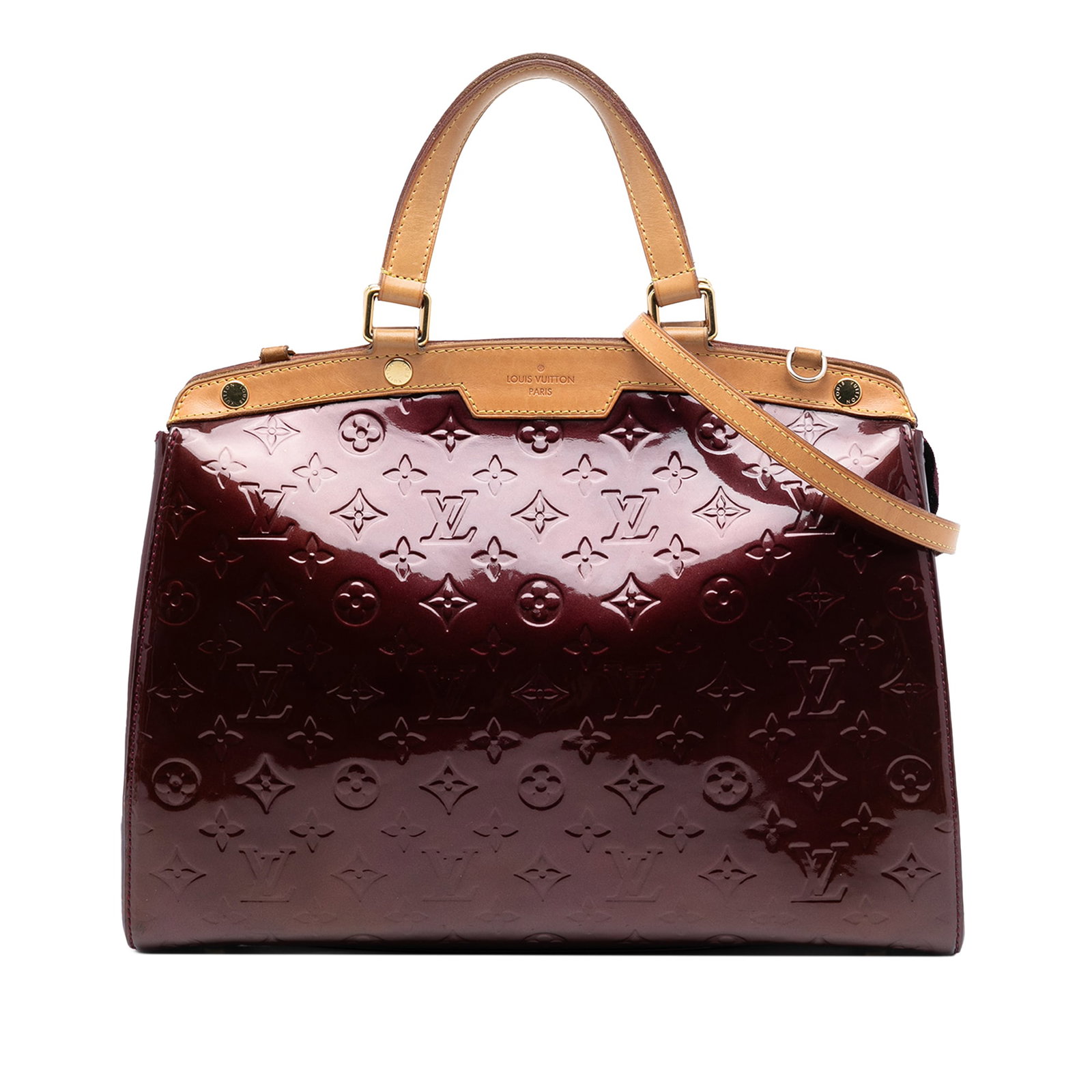Louis Vuitton Brea GM Red Monogram Vernis Leather Handbag with Vachetta Trim: Louis Vuitton Brea GM Red Monogram Vernis Leather Handbag with Vachetta Trim This Louis Vuitton Monogram Vernis Brea GM features a monogram vernis leather body with vachetta leather trim, flat vachett