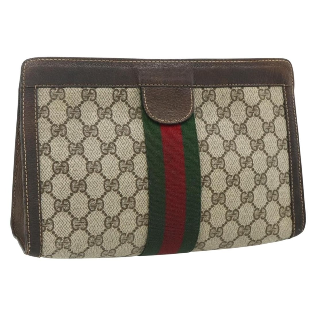 Gucci Sherry Line GG Supreme beige PVC clutch bag: Gucci Sherry Line GG Supreme beige PVC clutch bag This Gucci GG Supreme Web Sherry Line clutch bag features a beige PVC leather and GG canvas exterior. Designed for women, it is crafted in Italy and o