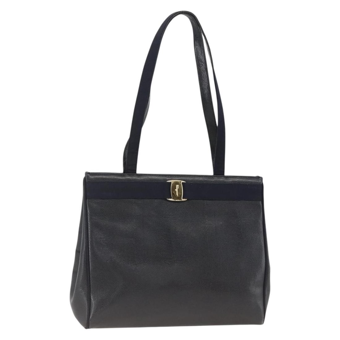 Navy Leather Shoulder Bag by Salvatore Ferragamo Gold Accents: Navy Leather Shoulder Bag by Salvatore Ferragamo Gold Accents This Salvatore Ferragamo women's shoulder bag is crafted from navy leather with gold-tone accents. Made in Italy, it features a spacious i