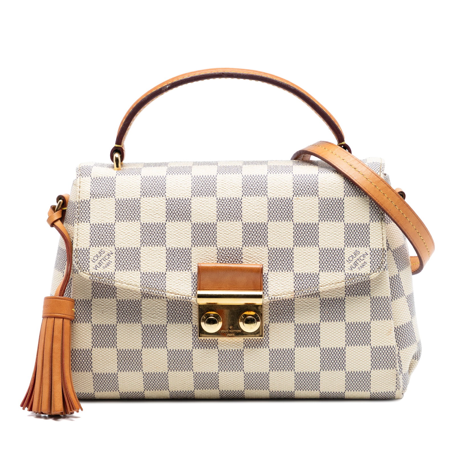 Louis Vuitton Croisette Damier Azur Canvas Bag with Tassel and Strap: Louis Vuitton Croisette Damier Azur Canvas Bag with Tassel and Strap This Louis Vuitton Damier Azur Croisette bag features a damier azur canvas body with a leather tassel detail, a flat vachetta leath