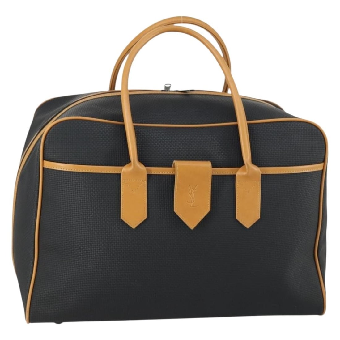 SAINT LAURENT Boston Bag Black Brown PVC Leather Authentic: SAINT LAURENT Boston Bag Black Brown PVC Leather Authentic This authentic SAINT LAURENT Boston Bag is crafted from durable PVC leather in a striking black and brown color combination. Its spacious des