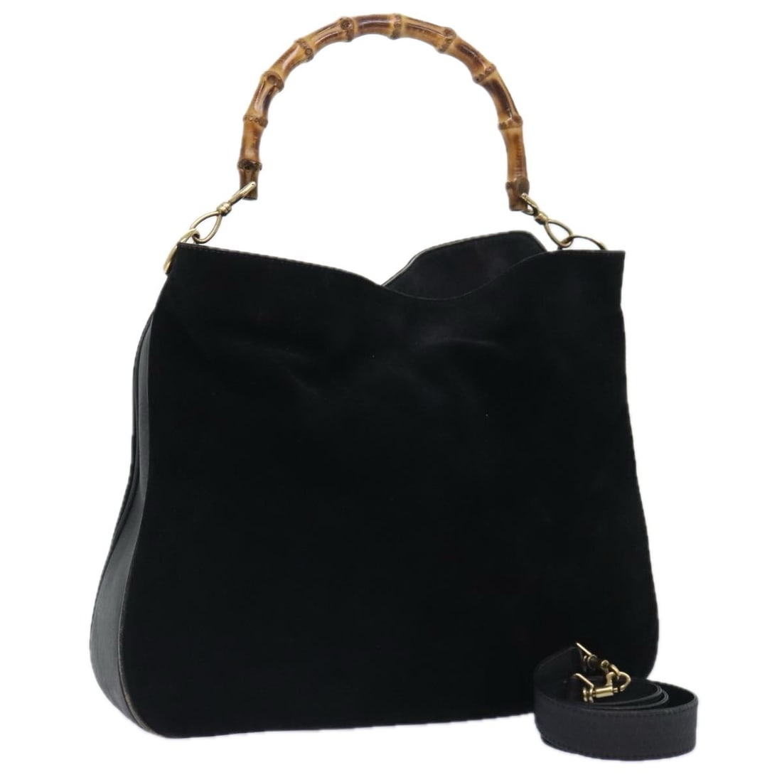 Gucci Black Suede Bamboo Handle 2-Way Handbag with Gold Accents 001 123 1577: Gucci Black Suede Bamboo Handle 2-Way Handbag with Gold Accents 001 123 1577 This Gucci Bamboo 2-way handbag is crafted from black suede with gold-tone accents. Designed for women, it features a spaci