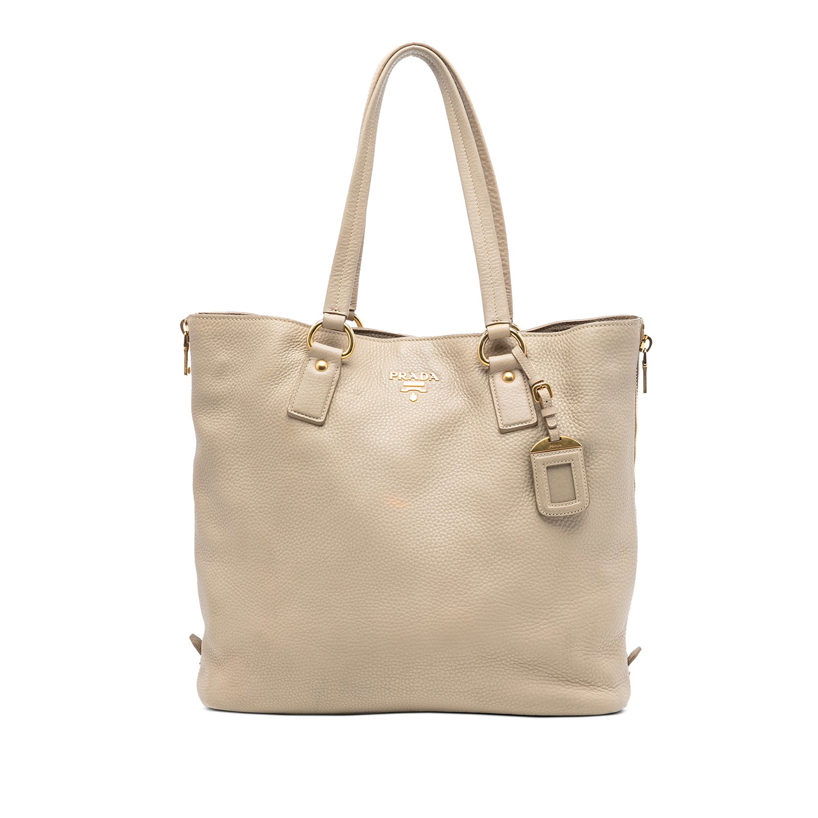 Brown Leather Shopper Tote with Side Zips by Prada Vitello Daino: Brown Leather Shopper Tote with Side Zips by Prada Vitello Daino This Prada Vitello Daino Side Zip Shopper Tote features a brown leather body with side zip expansions, flat leather handles, an open to