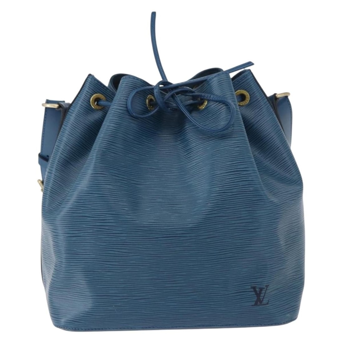 Blue Epi Leather Petit Noe Shoulder Bag by Louis Vuitton: Blue Epi Leather Petit Noe Shoulder Bag by Louis Vuitton This Louis Vuitton Petit Noe handbag features blue Epi leather, designed for women. The bag shows signs of use, including loss of shape and var