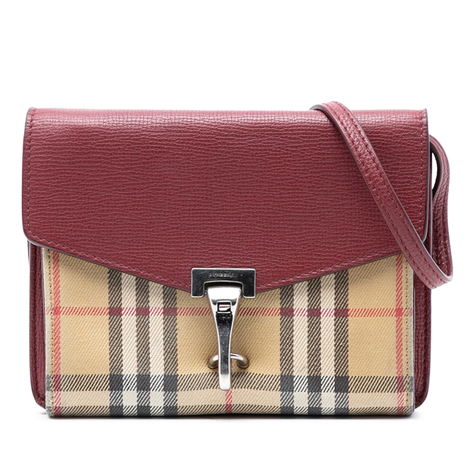 Burberry Macken Small Crossbody Bag in Leather and Check Canvas: Burberry Macken Small Crossbody Bag in Leather and Check Canvas This Burberry Small Leather and House Check Canvas Derby Macken Crossbody features a leather and signature house check canvas body in re
