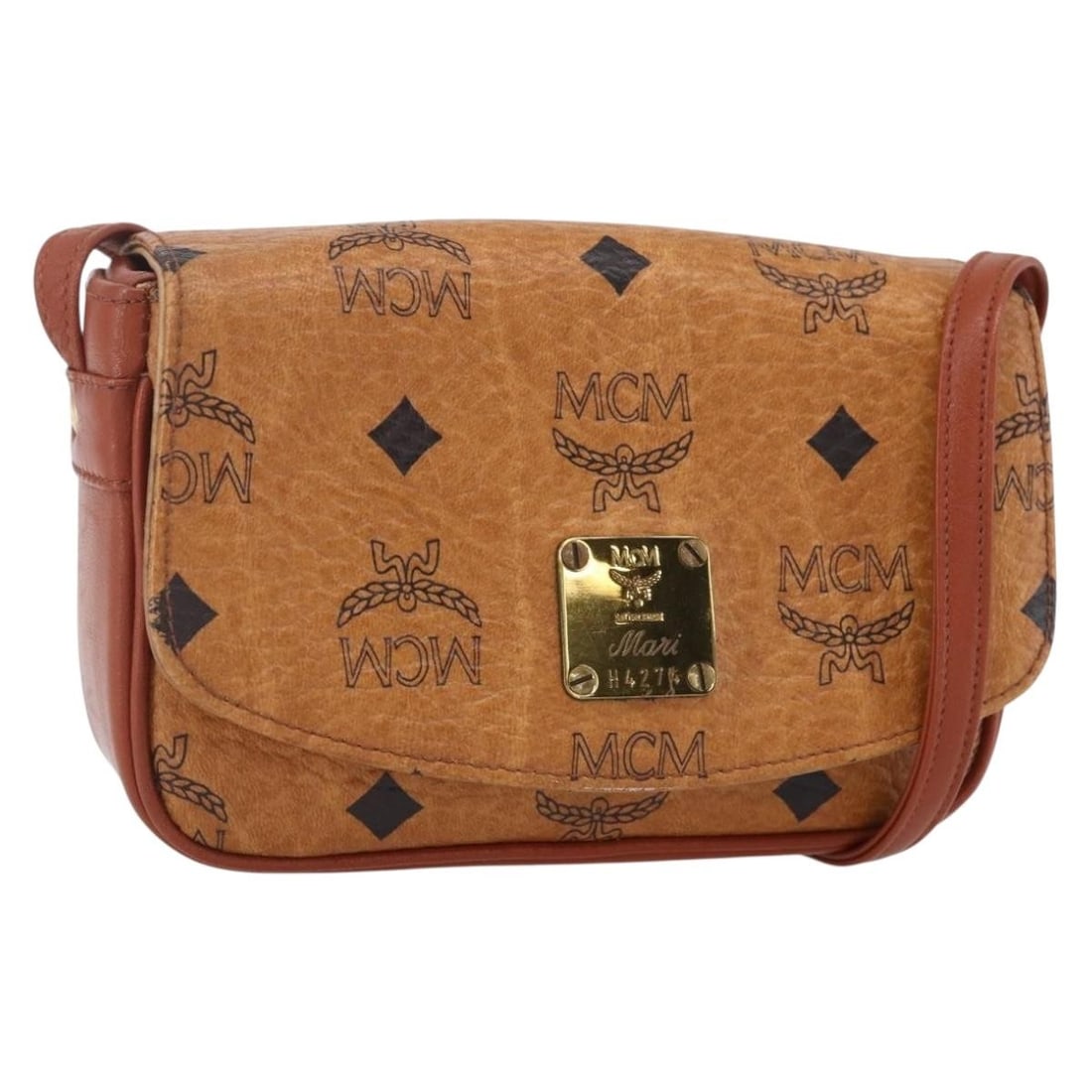 MCM Vicetos Shoulder Bag Brown Gold PVC Leather Authentic BA8429: MCM Vicetos Shoulder Bag Brown Gold PVC Leather Authentic BA8429 This MCM Logogram Vicetos Shoulder Bag is a stylish accessory crafted from durable PVC leather in a rich brown and gold color combinati