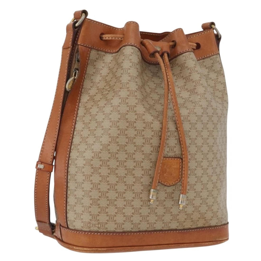 CELINE Macadam PVC Leather Beige Gold Shoulder Bag Italy: CELINE Macadam PVC Leather Beige Gold Shoulder Bag Italy This CELINE shoulder bag features the iconic Macadam canvas with PVC leather in a beige and gold color scheme. Designed for women, the bag is c